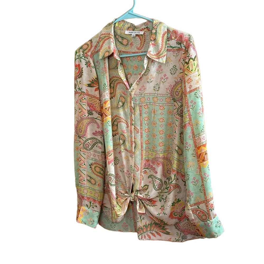 ROSE-OLIVE Shirt Womens Size M Multi-Color Paisley Floral Button Down Knot Front - Picture 2 of 6